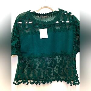 Zara Crochet Lace Sheer Short Sleeve Blouse Small Green NEW Lightweight
